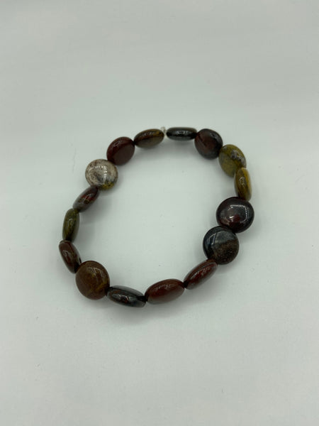 Natural Tiger Iron Gemstone Puffed Coins Beaded Stretch Bracelet