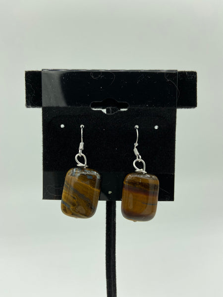 Natural Tiger Iron Gemstone Rectangle Beaded Sterling Silver Dangle Earrings