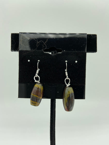 Natural Tiger Iron Gemstone Rice Beaded Sterling Silver Dangle Earrings