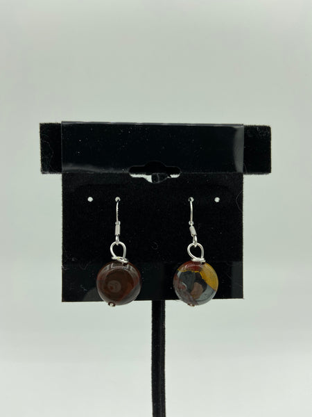"Natural Tiger Iron Gemstone Puffed Disk Beaded Sterling Silver Dangle Earrings"