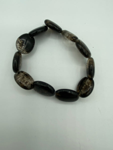Natural Tourmalinated Quartz Gemstone Ovals Beaded Stretch Bracelet