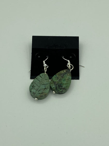 Natural Turquoise Gemstone Carved Leaf Dangle Sterling Silver Earrings