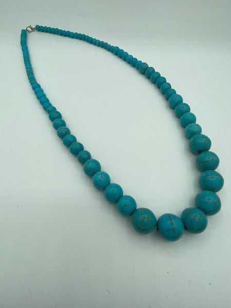 Natural Turquoise Gemstone Graduated Round Beaded Long Necklace