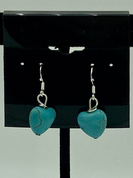 Natural Turquoise Gemstone Heart Sterling Silver Dangle Earrings