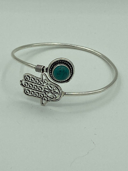 Natural Turquoise Gemstone Round and Sterling Silver Hamsa Hand Bangle Bracelet