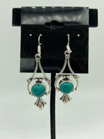 Natural Turquoise Gemstone Round Cabochon Ornate Sterling Silver Dangle Earrings