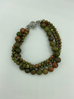 Natural Unakite Gemstone 3 Strand Beaded Twisted Bracelet