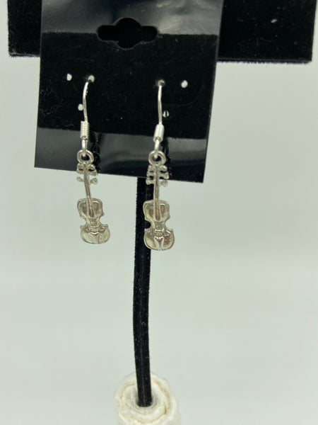 Silvertone Violin Charm Dangle Earrings with Sterling Silver Hooks