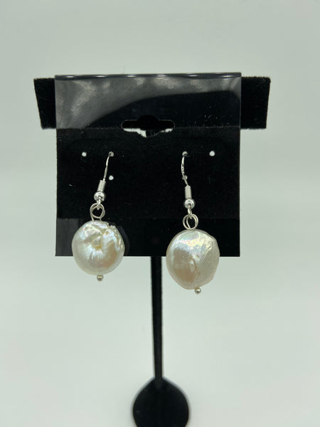 Natural White Coin Pearl Gemstone Sterling Silver Dangle Earrings
