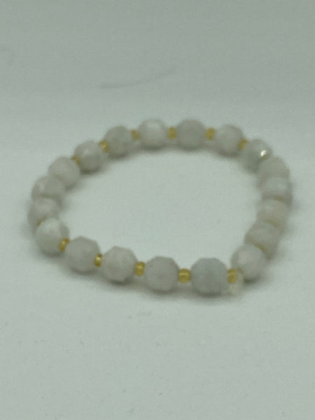 Natural Moonstone Gemstone Faceted Barrel & Gold Accent Beaded Stretch Bracelet