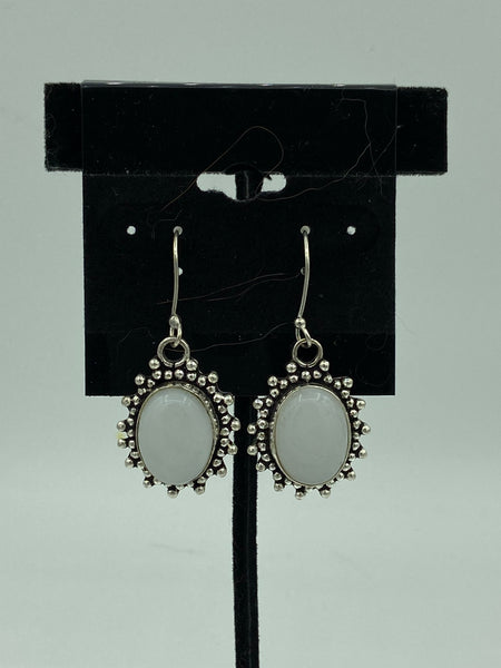Natural Moonstone Gemstone Oval Cabochon Sterling Silver Dangle Earrings