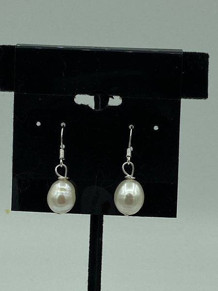 Natural White Pearl Gemstone Teardrop Beaded Sterling Silver Dangle Earrings