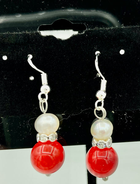 Natural Ruby and Pearl Gemstone Beaded Sterling Silver Dangle Earrings
