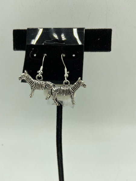 Silvertone Zebra Charm Dangle Earrings with Sterling Silver Hooks